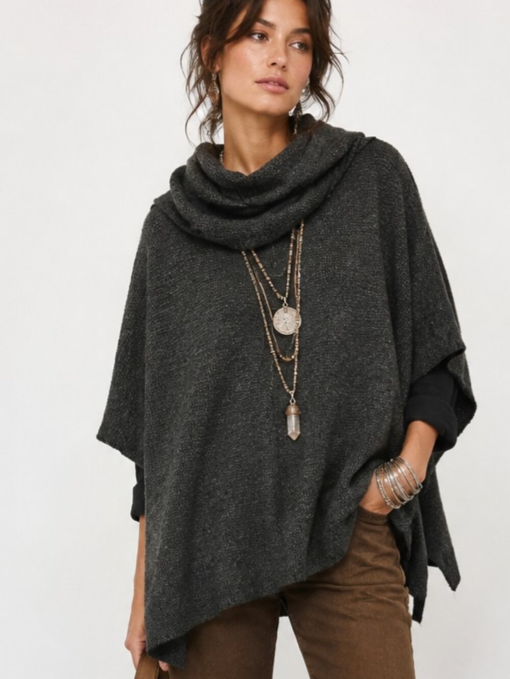 Dylan Cowl Neck Knit Ponch Dark Gray And Black
